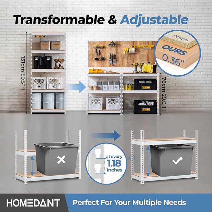 HOMEDANT 5 Tier Laminated White Boltless Metal Shelving Unit Adjustable Garage Storage Utility Rack Heavy Duty Shelves Organization Multipurpose Shelf Warehouse Pantry 28" W x 12.3" D x 59.5" H 4Pack