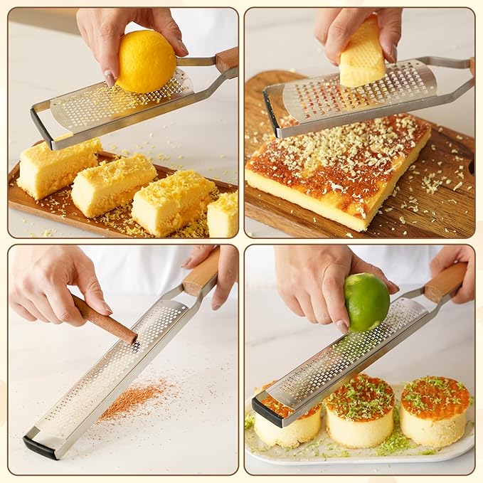 SHIKORI Professional Cheese Graters for Kitchen Stainless Steel Handheld, Metal Lemon Zester Grater With Wood Handle For Cheese, Chocolate, Spices, Kitchen Gadgets And Tools-3 Pcs