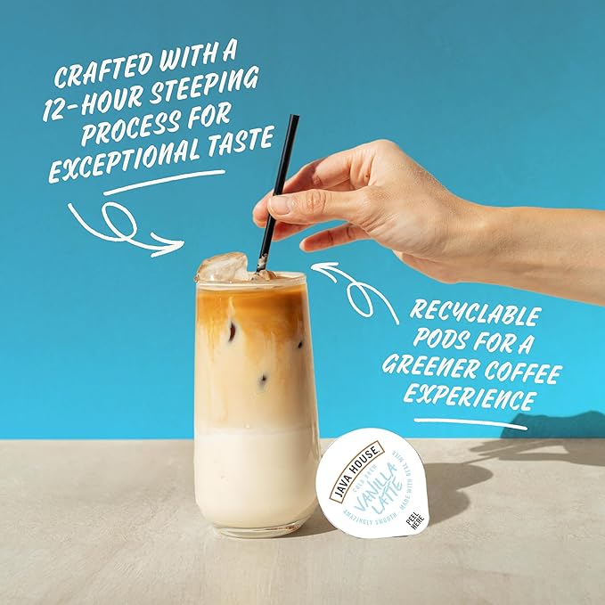 JAVA HOUSE French Vanilla Latte Cold Brew Coffee Pods, (12 Count) Peel and Pour Pods Hot or Iced