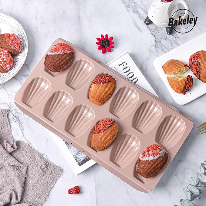 Madeleine Pan, 12-Cavity Mold Cake Pan Non-Stick Oval Shell Madeline Bakeware for Oven Baking (Rose Gold)