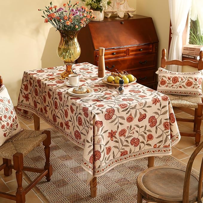 ISAENNE Designer French Small Rectangle Tablecloth,Linen Orange Floral Pattern Indoor Table Cloth,Wrinkle Resistant Decor Table Cloth for Dining Thanksgiving Kitchen Party,55"*71"-Alvarado D