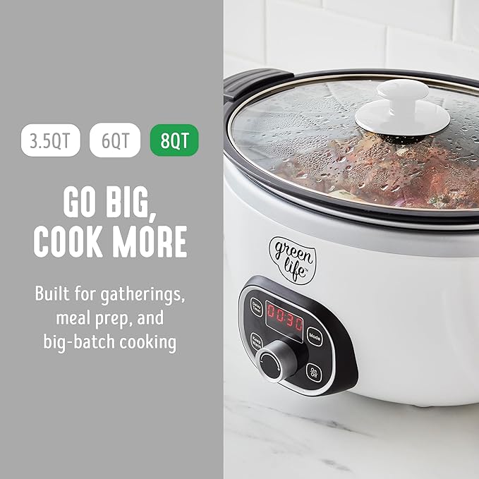 GreenLife 8QT Slow Cooker, Non-Toxic PFAS-Free Ceramic Nonstick Removable Interior Bowl, Programmable, Family Friendly, Keep Warm, Stovetop & Oven Safe, Dishwasher Safe Parts, Timer, Glass Lid, White