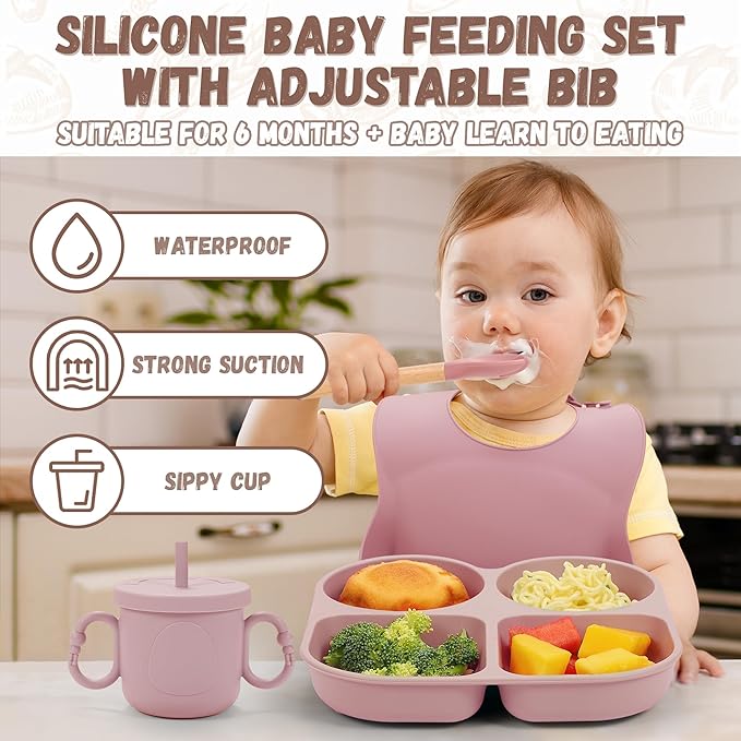 Silicone Baby Feeding Set, Baby Led Weaning Supplies, Baby Food Tableware Silicone Suction Plate, Bowl, Spoons, Fork, Waterproof Bib, Cup & Complementary Food Cake Mold, Baby Eating Utensils