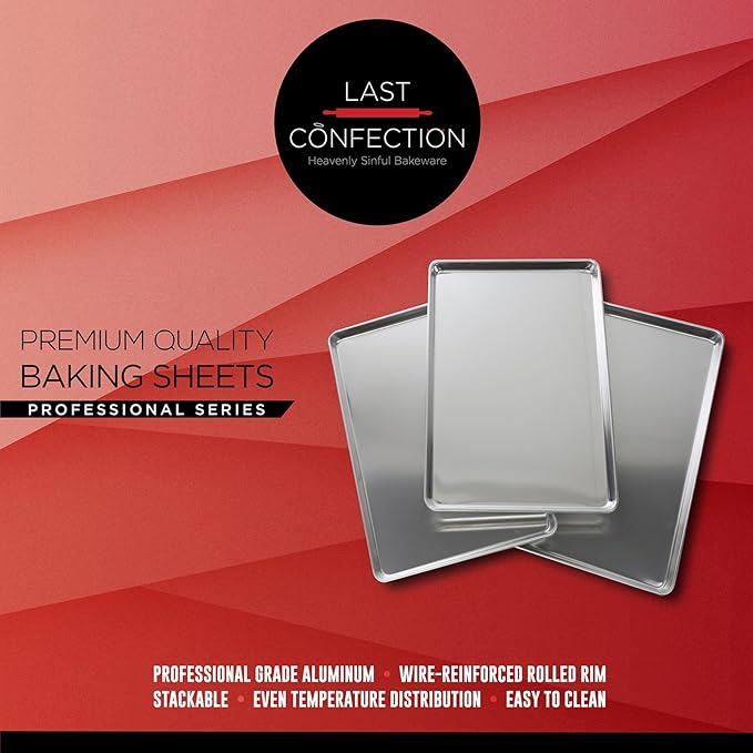Last Confection 6 Cookie Baking Sheets 13" x 18" - Rimmed Aluminum Jelly Roll Trays - Half Sheet Pans