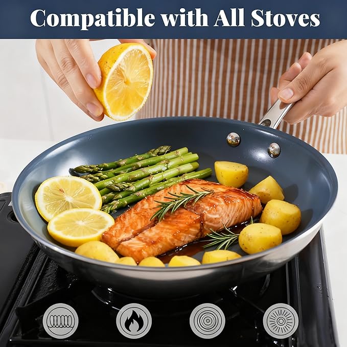 Stainless Steel Non Stick Frying Pan,10 Inch Healthy Non Toxic Ceramic Coating Cookware with Lid,Works on Induction, Electric Stove and Gas Cooktops,PTFE PFAS PFOA Free Skillet,Dishwasher&Oven Safe