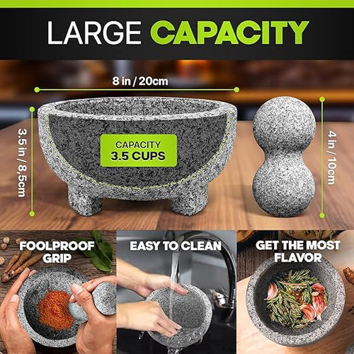 2 Sets Umien™ Granite Mortar and Pestle Set - 100% Granite - 3.5-Cups - 8-Inch – Avocado Tool Included – Natural Stone Molcajete for Spices, Pestos, & Guacamole (Grey) - Stone Grinder - Guacamole