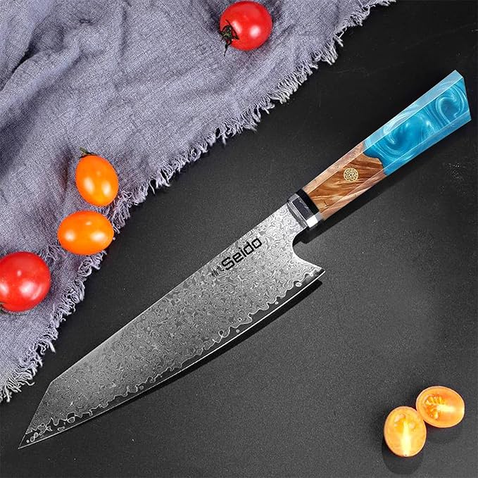 Seido Knives Kiritsuke Damascus Steel Chef Knife Epoxy Resin Stabilized Wood Handle Professional Kitchen Knife VG10 High Carbon Stainless Steel, Sky Blue
