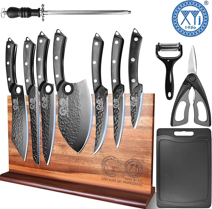 XYJ Kitchen Knife Set with Magnetic Knife Block,Cutting Board,Scissors,Honing Steel,Professional Knife Block Set,High Carbon Steel Blade,Meat Cleaver,Full Tang,Wood Handle