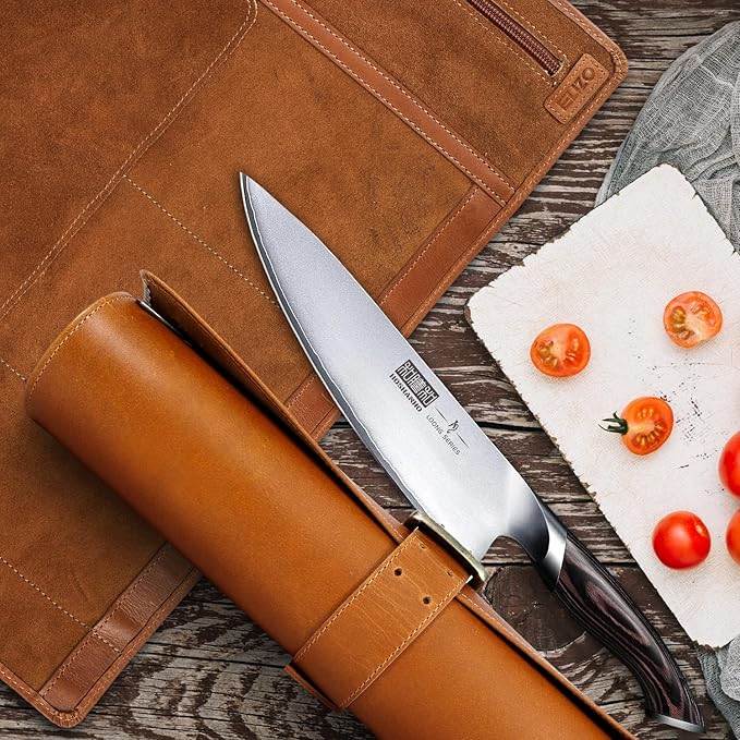 ELIZO Leather Knife Roll Bag Professional Chef Knife Case, Durable Knife Sheath Holder, Cooks & Culinary Tools Carrying Storage, Portable Knife Wrap - 4 Slots (Palomino)