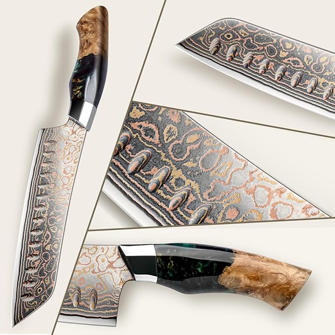SHAN ZU Damascus Santoku Knife 7 inch, Japanese Kitchen Knives Copper & Damascus Steel High Carbon 33 Layer Hand Forged Ultra Sharp Utility Chef Knife Professional Carving Knife with Maple Wood Handle