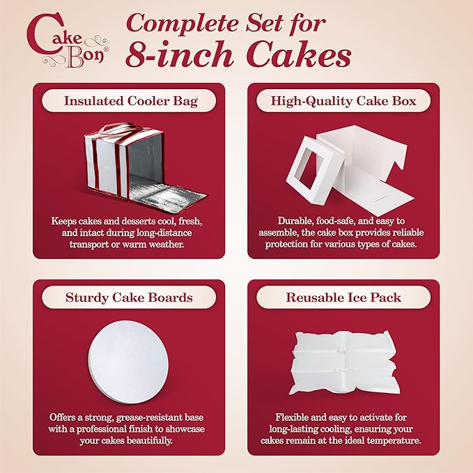 Cakebon Cake Box and Boards, 8-Inch Round White Wrapped Edges 1/2- Inch Thick Drums with Insulated Bag and Ice Pack – Cake Transport Set, Cooler for Cake Delivery and Transport (1pc Each, 4pcs Total)