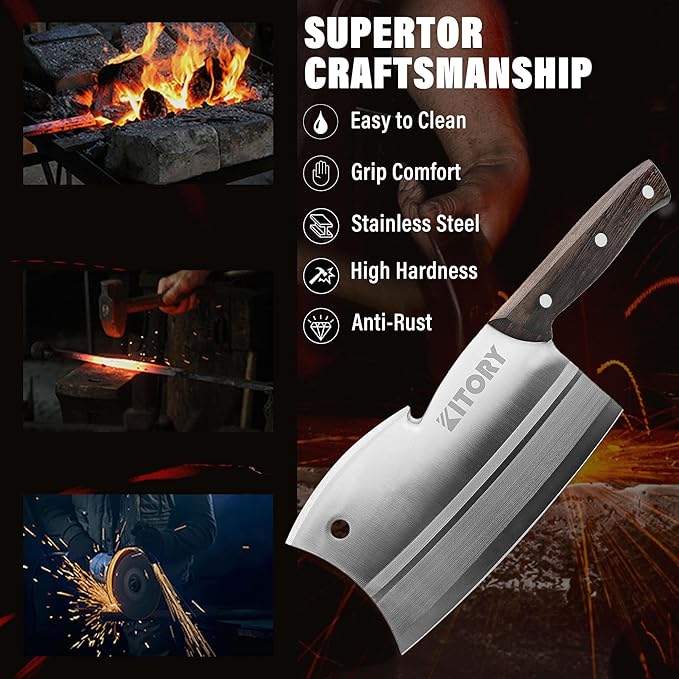 Kitory 7" Meat Cleaver, Chinese Chefs Knife with Wenge wood Handle, Butcher Knife Bone Cutter, Multi-Purpose Dual Edges Heavy Duty Kitchen Chopper, 2025 Kitchen Gadget Gift