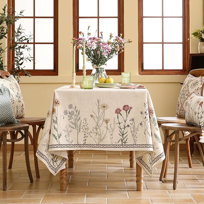 ISAENNE Designer Off White Linen Small Square Tablecloth,Floral Elegant Table Cloth,Stain Resistant Vintage Decor Tablecloths for Dining Thanksgiving Kitchen Christmas,55"*55"-Serenity G
