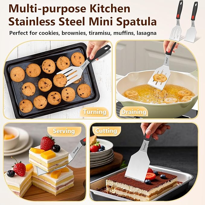 2Pcs Stainless Steel Spatula Set, Metal Turners for Kitchen Use, Metal Cooking Utensils for Cast Iron Skillet with Silicone Handle, Spatula Flipper for Frying Egg, Brownie, Cookies or Pancake