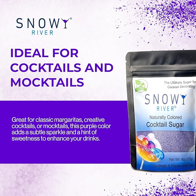 Snowy River Purple, Cocktail & Margarita Sugar Rimmer - Vibrant Naturally Colored Sugar for Cocktail Rimming, Baking & Decorating, Medium Crystal - 4oz