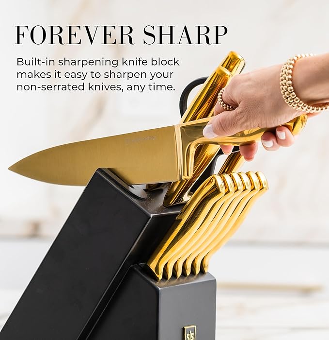 Styled Settings 14-Piece Knife Set with Block & Built-In Sharpener – Ultra-Sharp Full Tang Kitchen Knives – Premium Cooking & Prep Essentials, Gold Handle, Gold Blade & Black Block