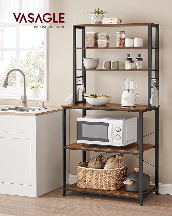 VASAGLE Coffee Bar, 31.5 Inches Baker's Rack for Kitchen with Storage, 6-Tier Kitchen Shelves with 6 Hooks, Microwave Stand, Industrial, Rustic Brown and Black UKKS019B01