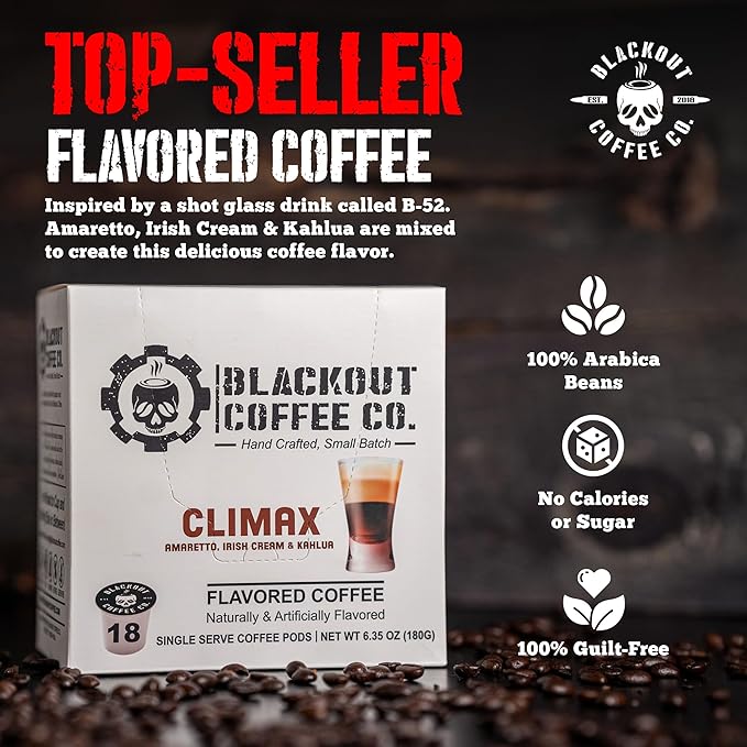 BLACKOUT COFFEE CLIMAX Amaretto, Irish Cream & Kahlua Flavored Coffee Pods – Premium Arabica, Smooth Taste, Guilt-Free Indulgence – 18 Count Single Serve Coffee Pods, American Made
