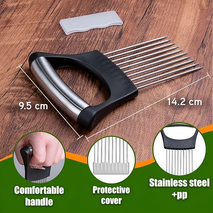 stainless steel onion slice holder onion slicer and chopper,finger guards for cutting food,finger protector for cutting food 2025 Premium Onion Slicer with finger holder & bread knife