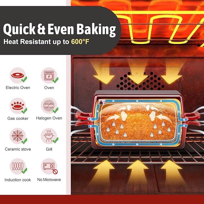 P&P CHEF 2 In 1 Enameled Cast Iron Loaf Pan with Lid, 9 x 5 Inch Bread Loaf Pans for Baking Homemade Sourdough Bread, Meatloaf, Toast, Cake, Nonstick & Healthy & Sturdy, 2 Piece Set - Red