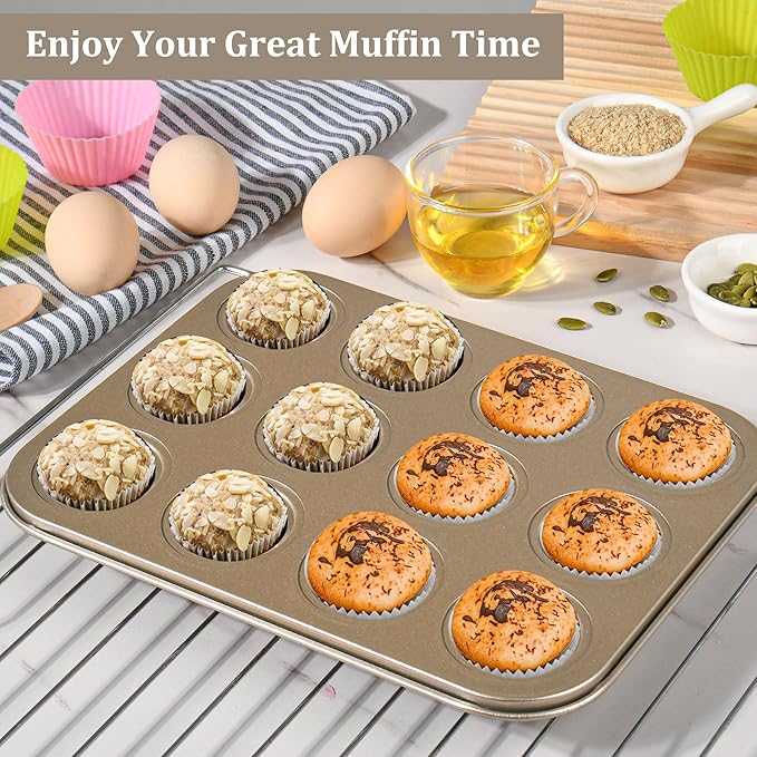 Mini Muffin Pan, Premium Small Cupcake Pans, Carbon Steel 12-Cup Muffin Tin, Versatile Non-Stick Bakeware