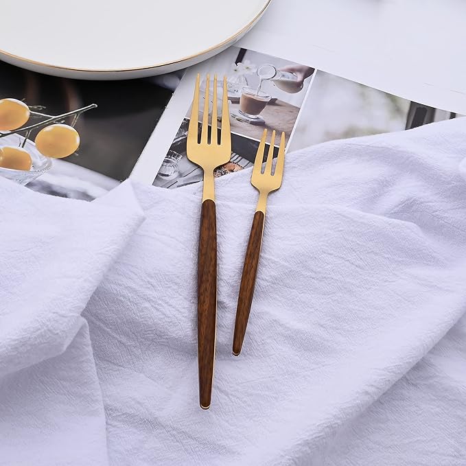 16-Piece Silverware Set with Cake Fork, Gold Stainless Steel Flatware Cutlery Set, Eating Utensils Set with Wooden effect Handle, Include Knife Fork Spoon, Mirror Polished, Dishwasher Safe