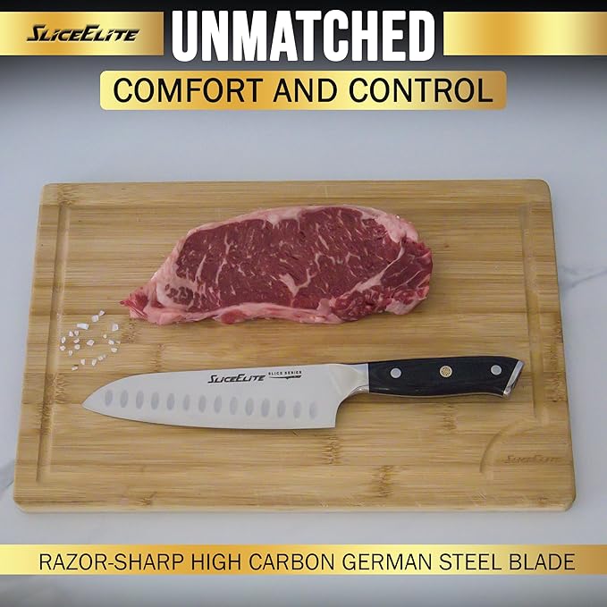 SliceElite Slice Series Santoku Knife 7 Inch High Carbon German Steel Blade Pakkawood Handle Dual Sheaths Kitchen Knife for Meat Cutting Chopping Chefs Cooking Tool Sharp Vegetable BBQ Knife Gift