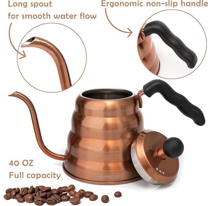 Mixpresso Gooseneck Pour Over Coffee Kettle, Barista Pour Control Design For Coffee & Tea High-Grade Stainless Steel 1.2 Liter (40 Oz) Drip Coffee Induction Cooker, Copper Stovetop Kettle