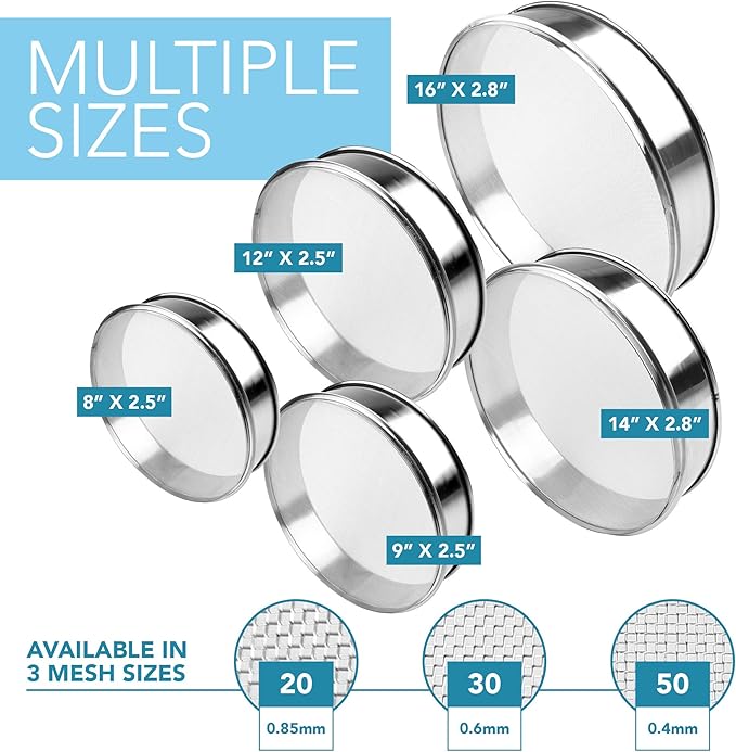 Stainless Steel Flour Sifter Fine Mesh Round Flour Sieve for Baking 8" Diameter x 2.5" High; 20 Mesh (Hole Size 0.85mm)