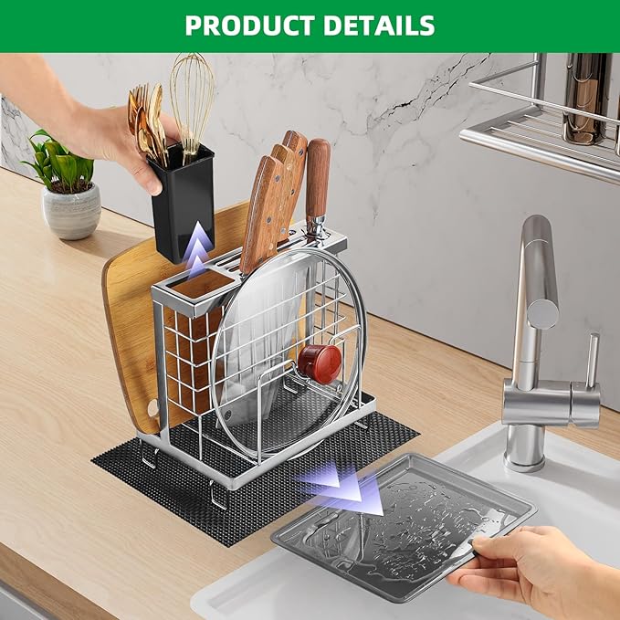 Knife Block Holder, Kitchen Knife Holder Storage Organizer，Utensil & Cutlery Caddy, Cutting Board Holder, Pot Lid Stand with Anti-Slip Pad for Countertop, Space-Saving (Silver)