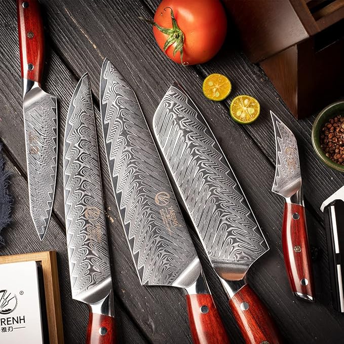 YARENH 8-Piece Kitchen Knife Set with Block,Damascus Chef Knife, 67-Layer High Carbon Stainless Steel,Sharp Rust-Resistant Blades,Sandalwood Handle