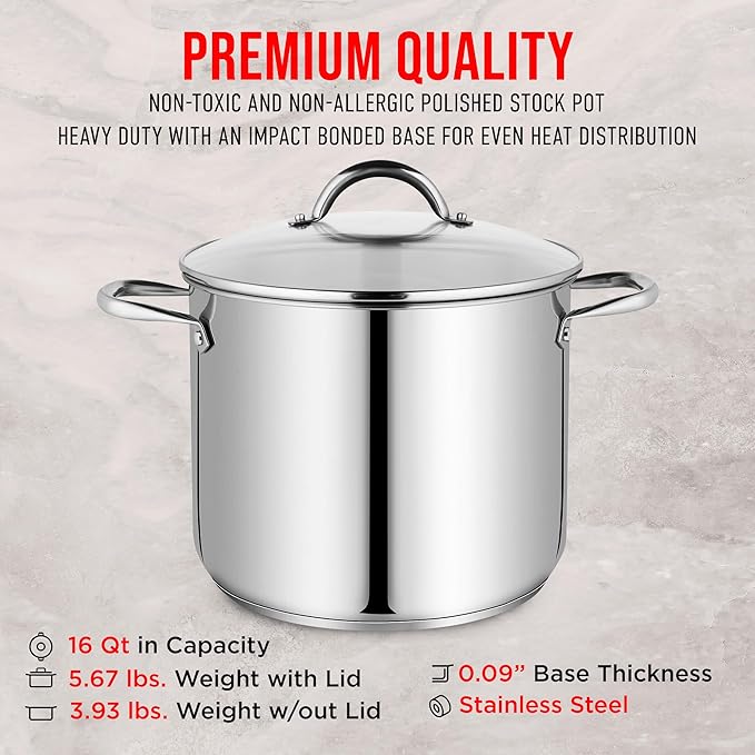 Stainless Steel Stockpot with Tempered Glass Lid 16 Quart, Durable 18/0 Stainless Steel, Impact-Bonded Base for Even Heating, Riveted Handles, Oven & All Stove Compatible, Safe Up To 500°F (260°C)