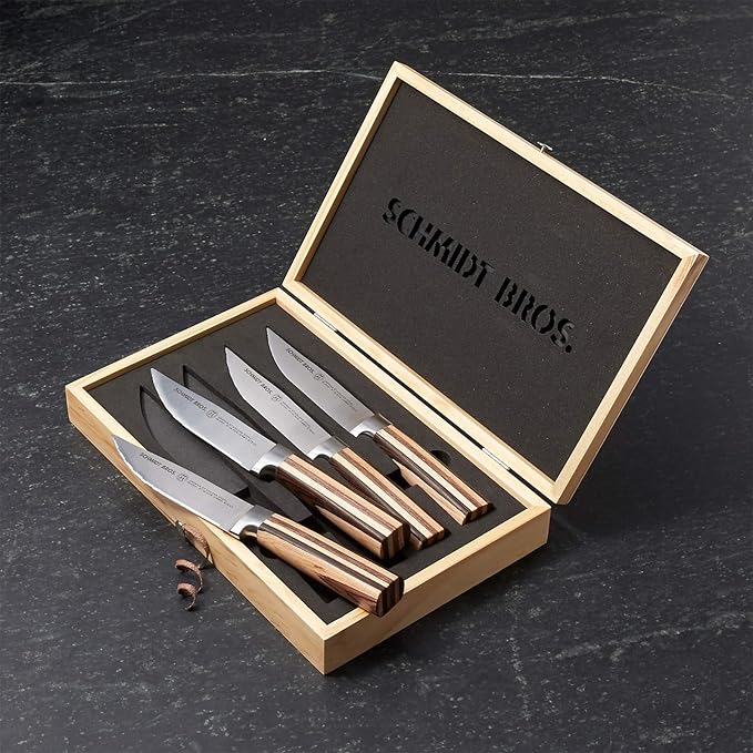 Schmidt Brothers, Farmhouse 4-Piece Jumbo Steak Knife Set, High-Carbon German Stainless Steel Cutlery in a Wood Gift Box