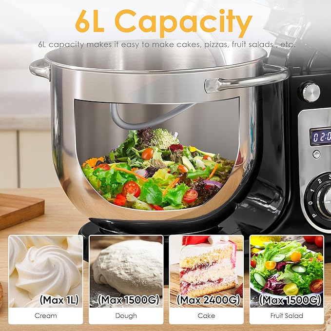 Biolomix Kitchen Electric Stand Mixer, 6 Speed Tilt Head Food Mixer with 6.5 QT Stainless Steel Bowl, Dough Hook, Flat Beater, Whisk and Anti Splash Cover, Red (6.5 QT, Black)