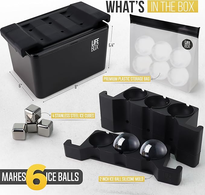 LifeBox 6 Ice Ball Maker Mold - Sphere Ice Mold Makes 6 Crystal Clear Ice Balls - Whiskey Ice Cubes Mold Includes Ice Storage Bag & 4 Whiskey Stones - Round Ice Cube Mold Makes Ice Cube Balls