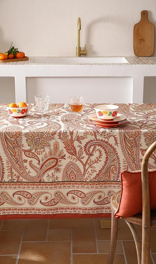 ISAENNE Designer French Red Extra Long Tablecloth Rectangle,Linen Table Cloth with Cashew Pattern,Stain Proof Decor Tablecloths for Dining Thanksgiving Kitchen Christmas,67"*118"-Chauffrey D