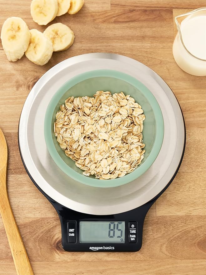 Amazon Basics Digital Kitchen Scale with LCD Display, Batteries Included, Weighs up to 11 pounds, Black and Stainless Steel