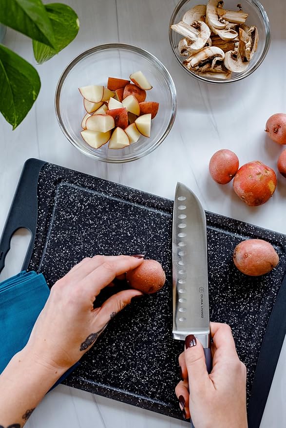 DURA LIVING Chef's Knife Set, 4 Piece Cutlery Knife Set, Superior Forged High Carbon Stainless Steel Ultra Sharp 8 Inch Chef, 7 Inch Santoku, 5 Inch Utility, 3.5 Inch Paring Knives, Grey