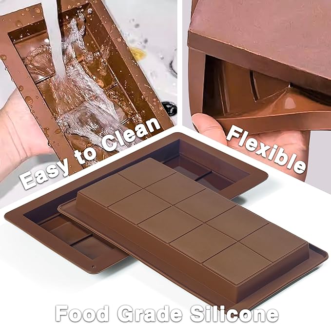 2 Packs Chocolate Silicone Molds, Non-Stick Baking Molds for Candy, Ice Cubes, 10 Cavity Dubai Pistachio Deep Bar Moulds for Valentine's, Easter, Christmas