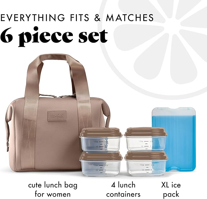 Fit & Fresh Remi Neoprene Lunch Bag For Women - Meal Prep Kit with Containers & XL Ice Pack, Self Insulating Neoprene-like Material, Machine Washable Lunch Bag, Tear-Resistant, Stain-Resistant, Taupe