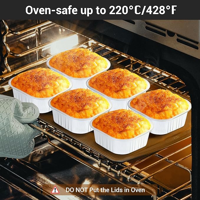 EUSOAR Disposable Ramekins with Lids, White 10oz 50pcs Creme Brulee Ramekins, Aluminum Foil Baking Cups, Square Cupcake Pans, Mini Cake loaf Bread Containers