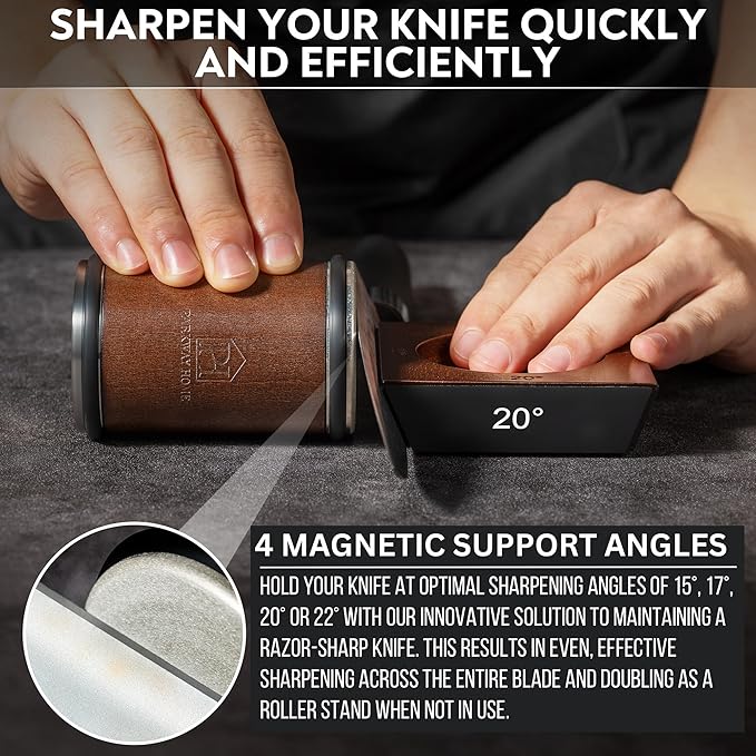 Rolling Knife Sharpener with 15, 17, 20 & 22 Degree Angles - Knife Sharpener Kit - Roller Knife Sharpening System with Stand, Holder & Eraser - Walnut Brown