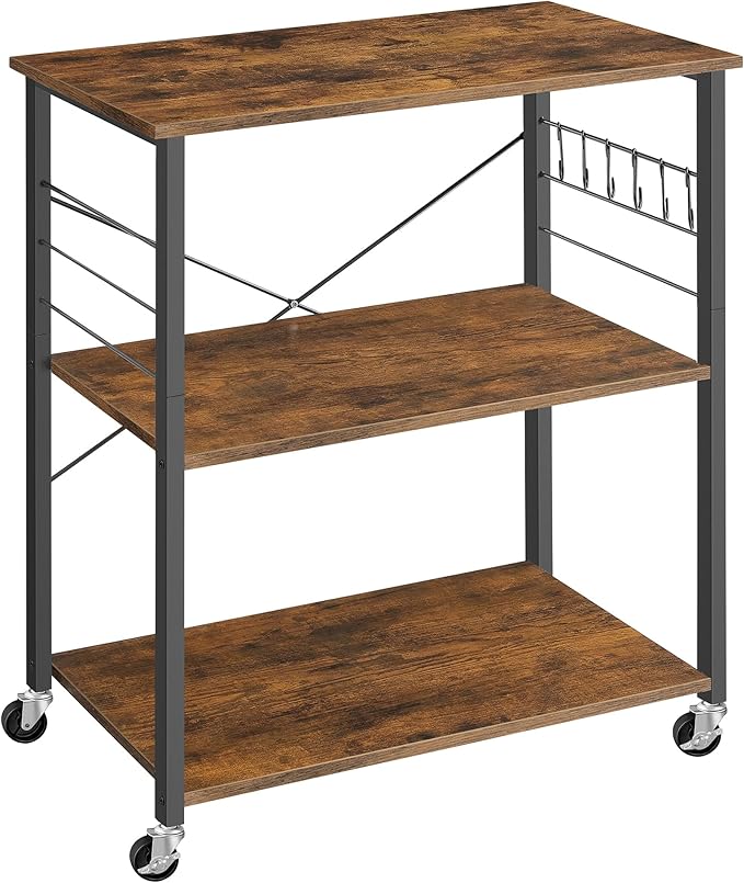 VASAGLE Kitchen Shelf on Wheels, Serving Cart with 3 Shelves, Kitchen Cart, Microwave Shelf, for Mini Oven, Toaster, with 6 Hooks, Industrial Style, Rustic Brown and Black UKKS067K01