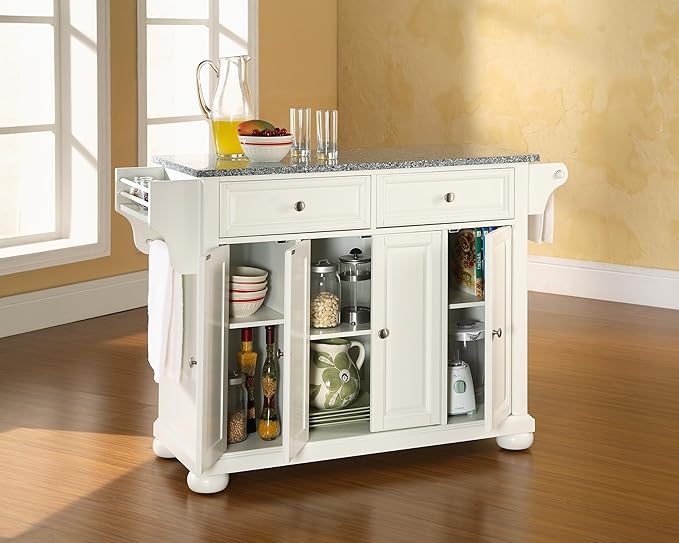 Crosley Furniture Alexandria Granite Top Rolling Kitchen Island Storage Cart, Microwave Stand, Spice Rack, White