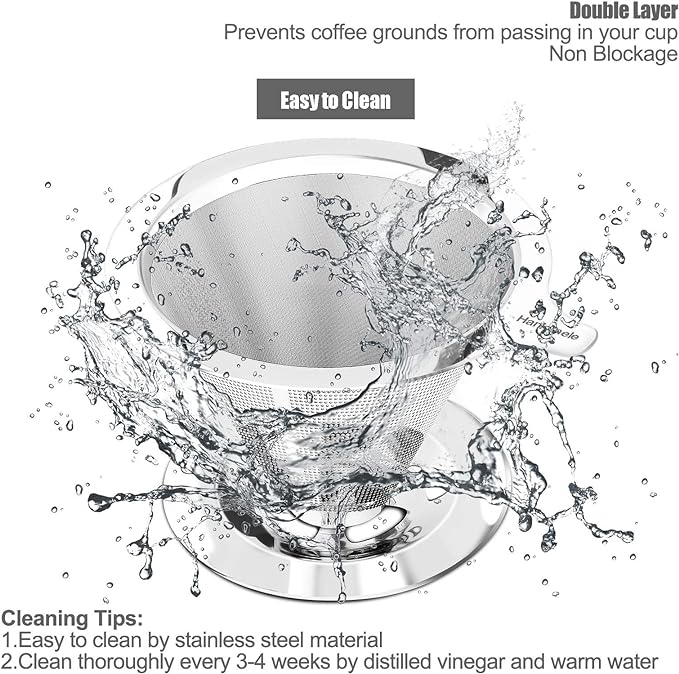 Pour Over Coffee Dripper, Paperless Reusable Coffee Filter, Pour Over Coffee Maker for Single Cup Brew, Double Mesh Design of Stainless Steel Cone Filter for Perfect Extraction (1-4 Cup)