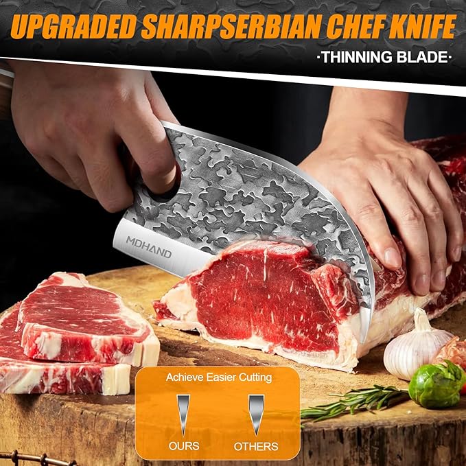 MDHAND 14PCS Professional Butcher Knife Set with Roll Bag, Heavy Duty Meat Cleaver, Boning Knife, Viking Knives, Hand Forged Chef Knife Set, Meat Cutting Knife for Kitchen, Gift for Men, BBQ, Camping