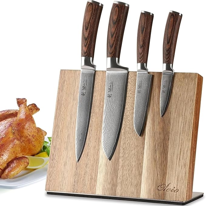 Wakoli EDIB 4-Piece Damascus Knife Set – Japanese Style Professional Kitchen Knives | Genuine Damascus Steel Blades with VG10 Core | Ergonomic Pakkawood Handles | Premium Chef Knife Gift Set