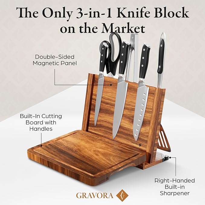 3 in 1 Magnetic Knife Block Stand - Wooden Magnetic Knife Holder with Strong Magnets, 14"x10" Cutting Board, Knife Sharpener - Acacia Display Holder Double Sided Storage Rack Magnets for Knives