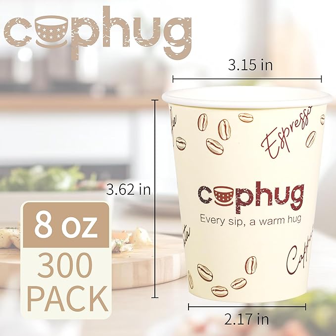 300 Pack 8 oz Disposable Paper Coffee Cups, 8 Ounce Paper Hot Coffee Cups–Perfect for Hot Beverages, Party, Office, and Home Use