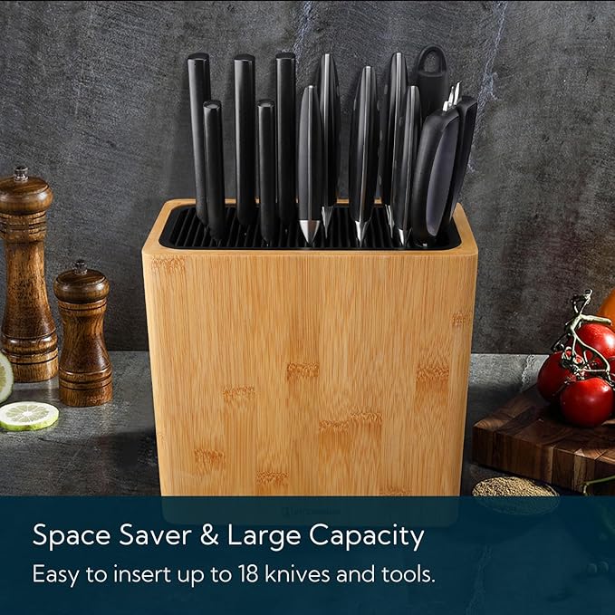 KITCHENDAO XL Bamboo Universal Knife Block Holder with Slots for Scissors and Sharpening Rod, Safe, Space Saver Knives Storage Stand Display without Knives, Unique Slot Design to Protect Blade